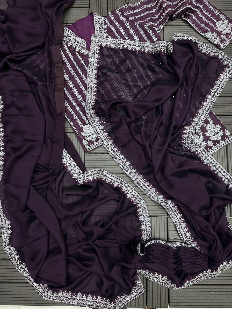 New Super Trending Embroidery cording work ready to wear saree with full koti