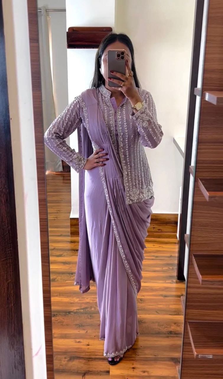 New Super Trending Embroidery cording work ready to wear saree with full koti