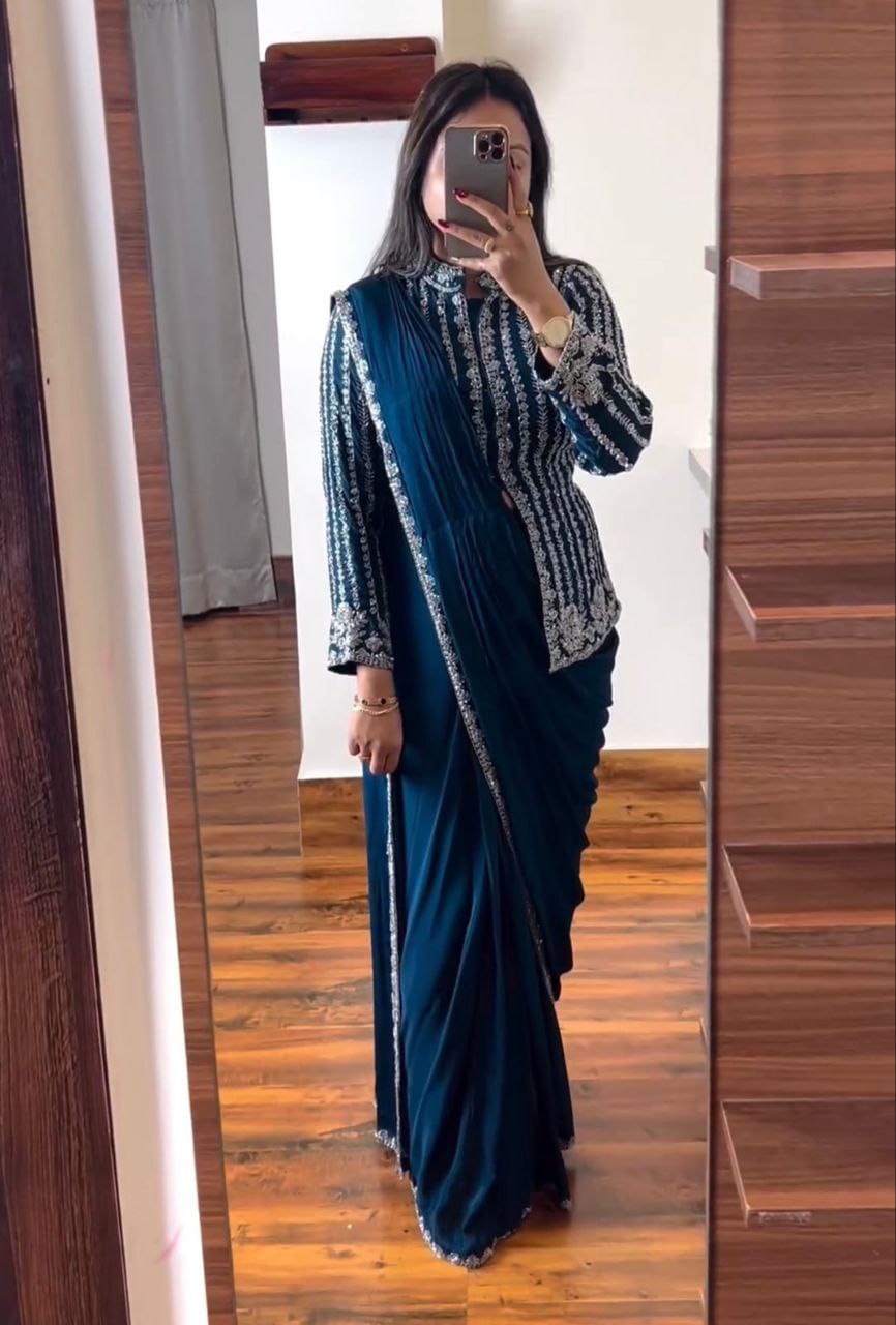 New Super Trending Embroidery cording work ready to wear saree with full koti