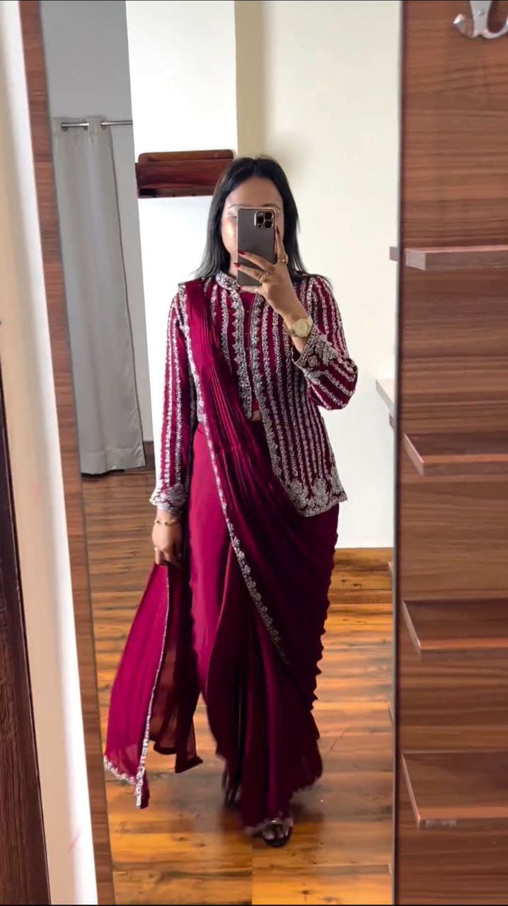 New Super Trending Embroidery cording work ready to wear saree with full koti