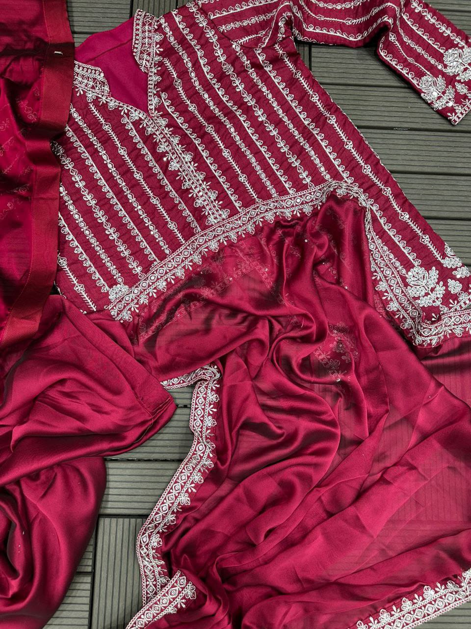 New Super Trending Embroidery cording work ready to wear saree with full koti