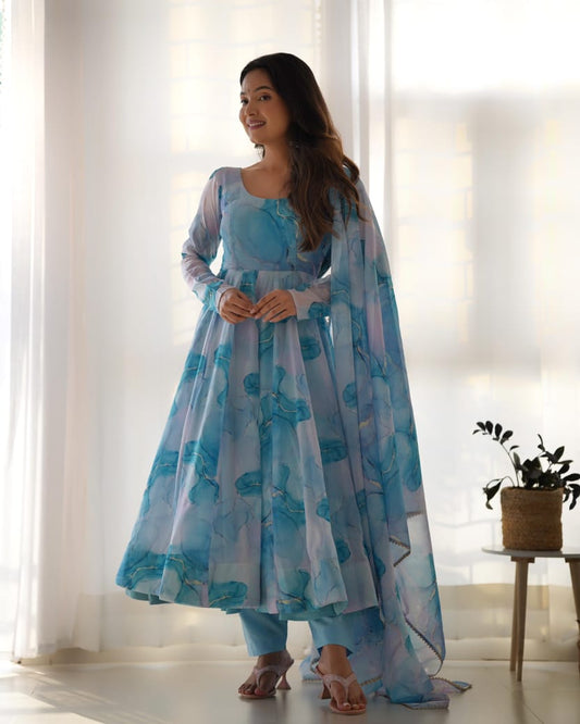 NEW ANARKALI PURE SOFT ORGANJA SILK MARBEL PRINT