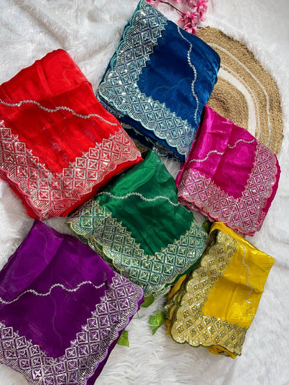 silk saree with beautiful embroidery sequence work heavy borders with lehariya sequence