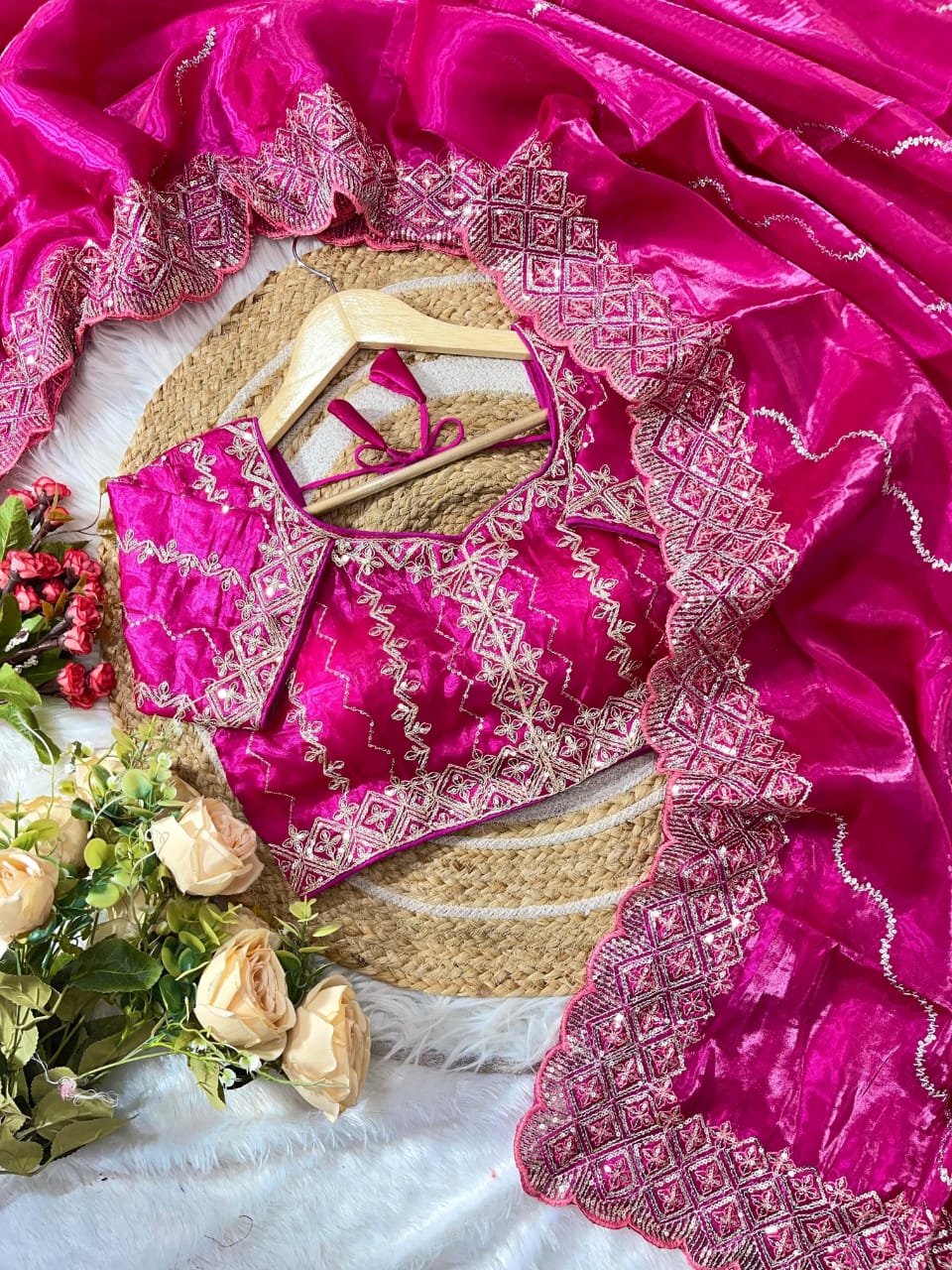 silk saree with beautiful embroidery sequence work heavy borders with lehariya sequence