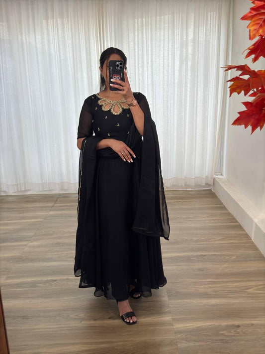 New Party Wear Look Back Rangoli Gerorrget Gown With Dupatta Set