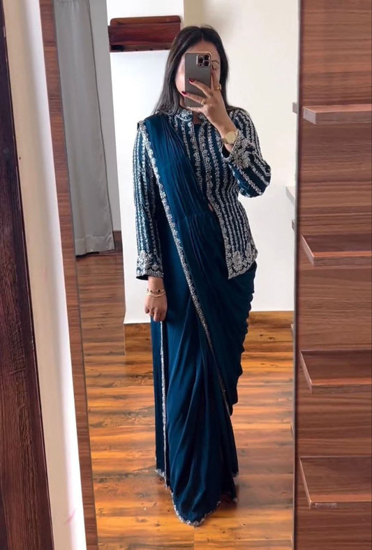 New Super Trending Embroidery cording work ready to wear saree with full koti