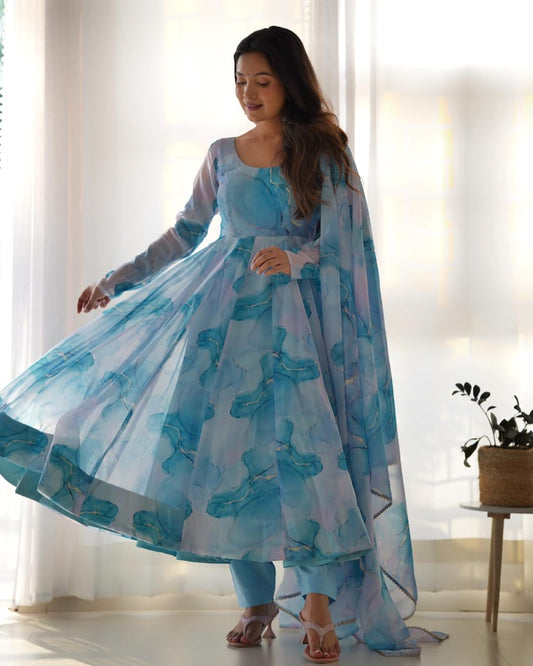NEW ANARKALI PURE SOFT ORGANJA SILK MARBEL PRINT