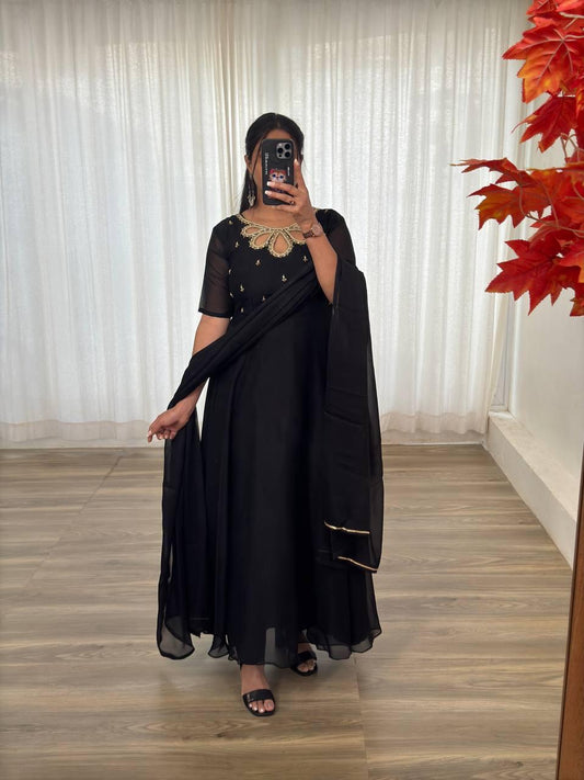 New Party Wear Look Back Rangoli Gerorrget Gown With Dupatta Set