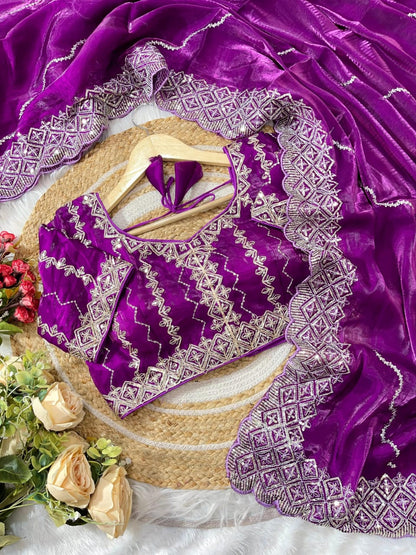 silk saree with beautiful embroidery sequence work heavy borders with lehariya sequence