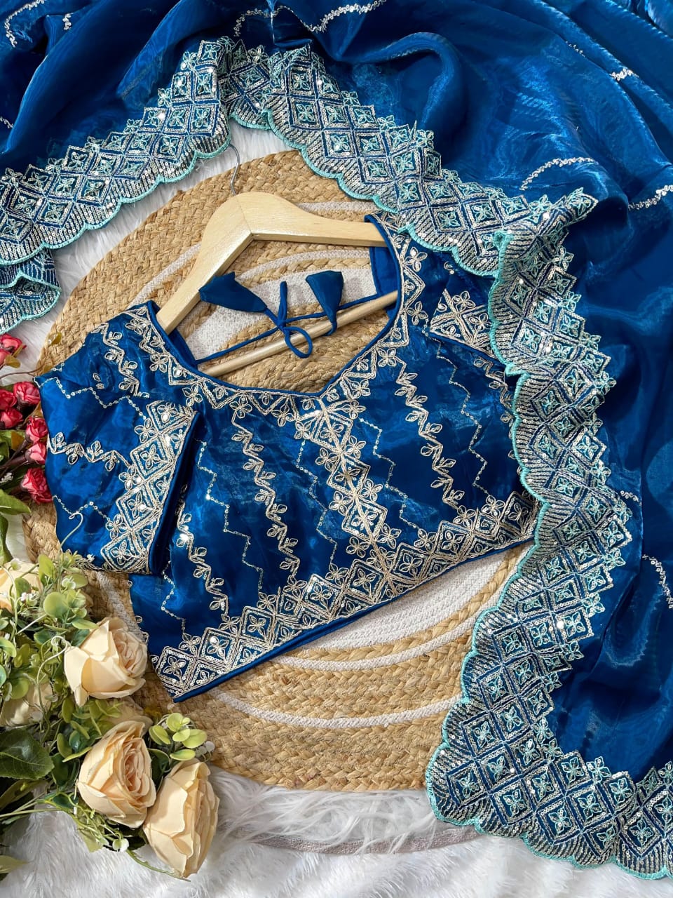 silk saree with beautiful embroidery sequence work heavy borders with lehariya sequence