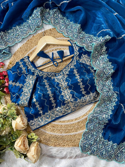 silk saree with beautiful embroidery sequence work heavy borders with lehariya sequence