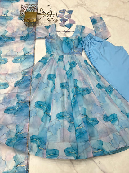 NEW ANARKALI PURE SOFT ORGANJA SILK MARBEL PRINT