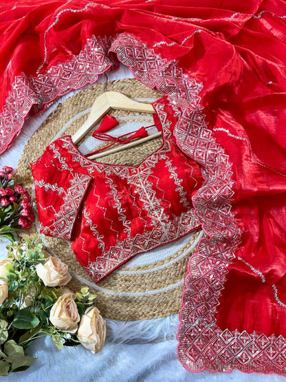 silk saree with beautiful embroidery sequence work heavy borders with lehariya sequence