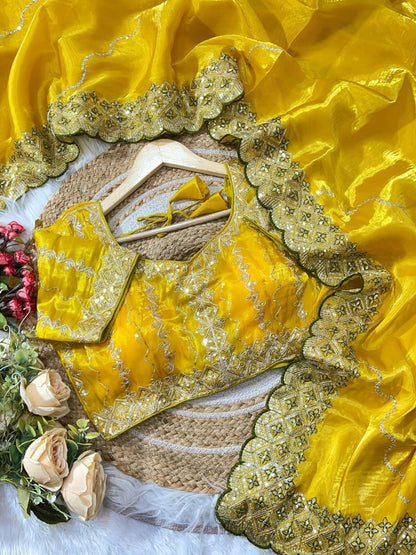 silk saree with beautiful embroidery sequence work heavy borders with lehariya sequence