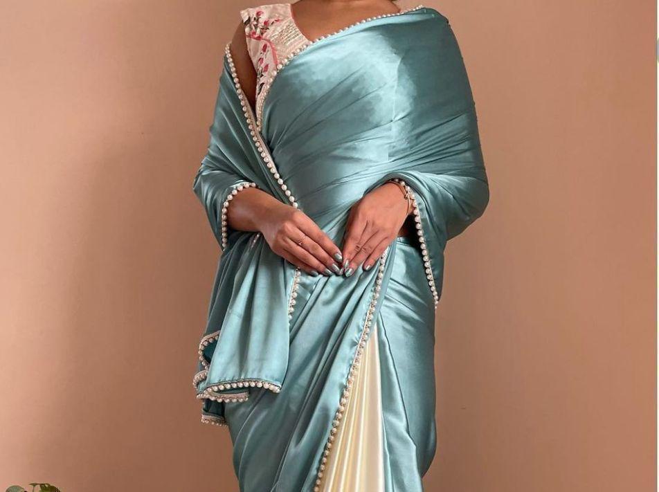 new half satin saree collection with beautiful moti lace border
