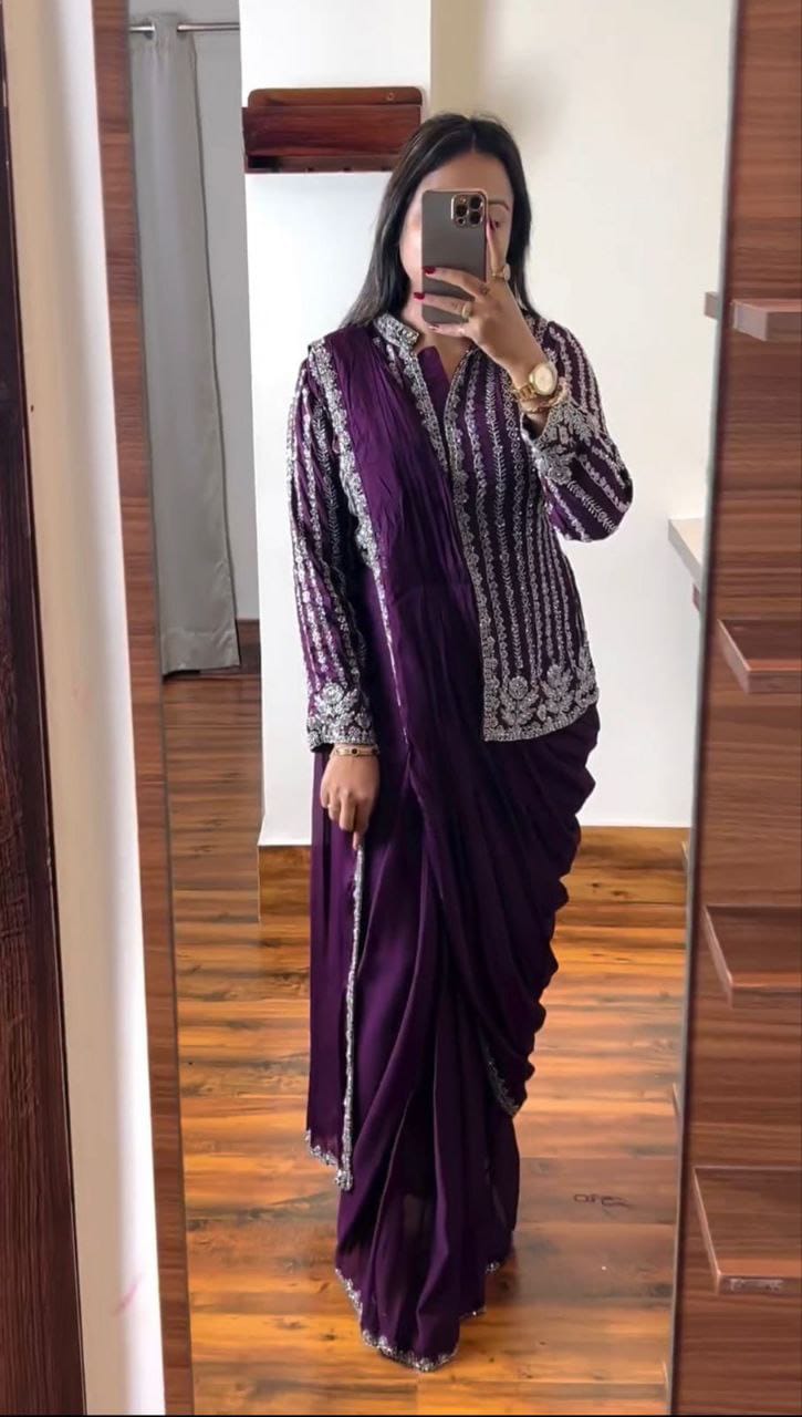 New Super Trending Embroidery cording work ready to wear saree with full koti