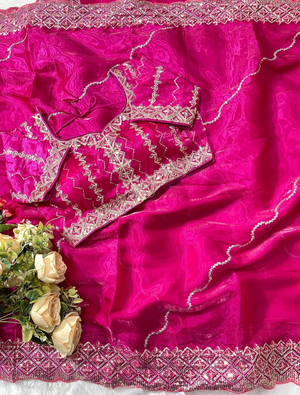 silk saree with beautiful embroidery sequence work heavy borders with lehariya sequence