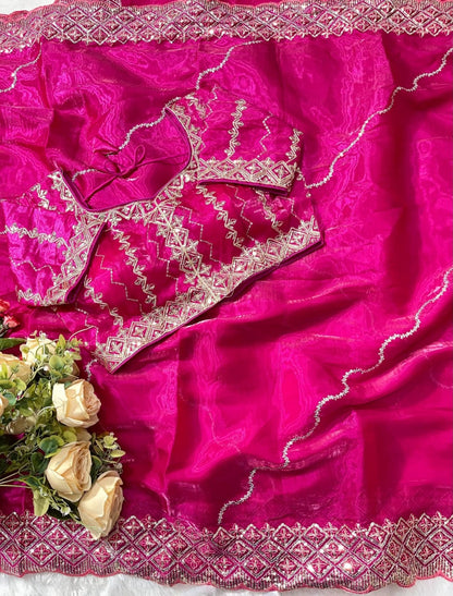 silk saree with beautiful embroidery sequence work heavy borders with lehariya sequence