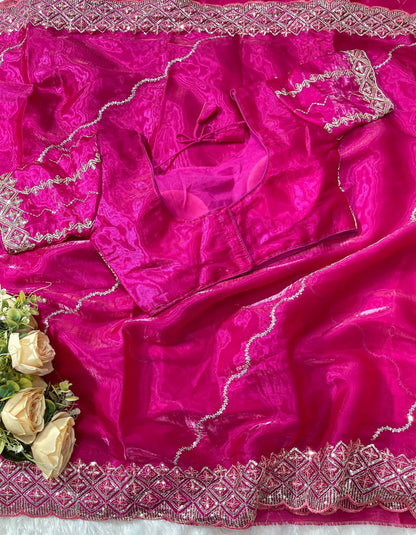 silk saree with beautiful embroidery sequence work heavy borders with lehariya sequence