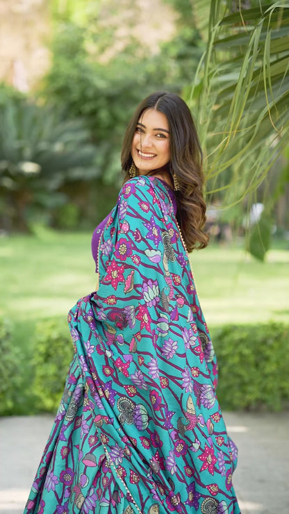 Kalamkari Print Lehenga Choli Featuring a Sophisticated Foil Work Border 🪷